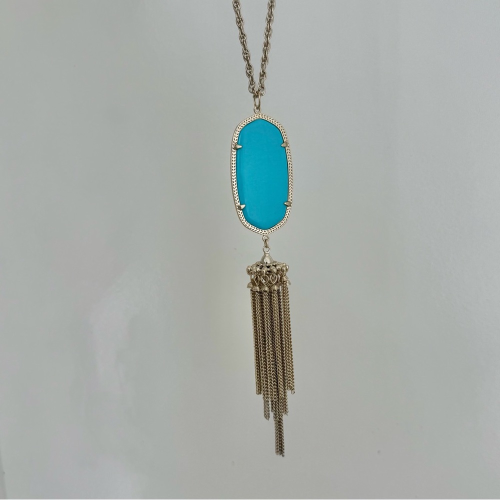 Kendra Scott Rayne Turquoise Tassel Necklace 14K Gold Plated 30” + Extender - Picture 3 of 4